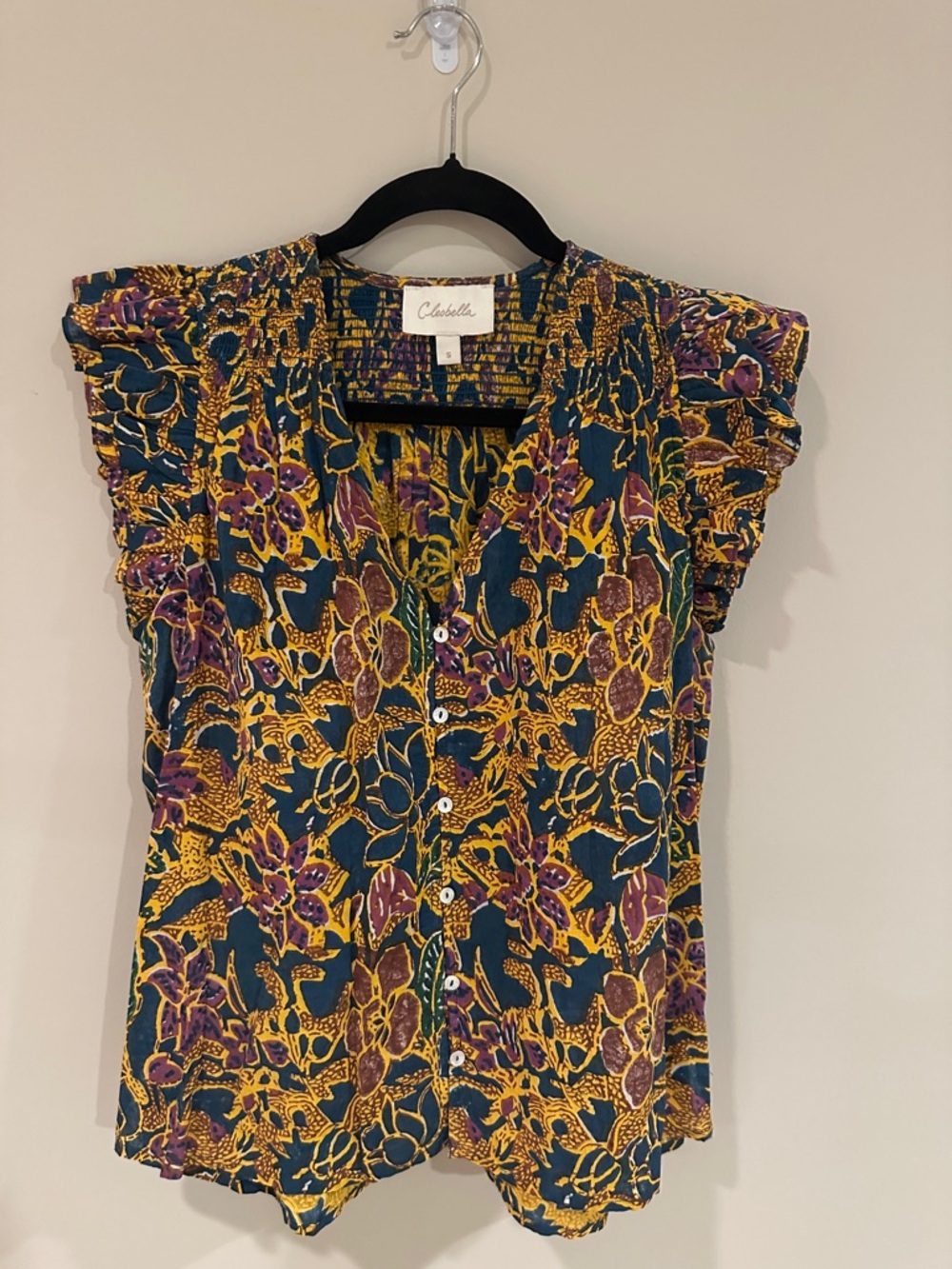 Cleobella Teal Purple Mustard Floral Ruffle Sleeve Blouse